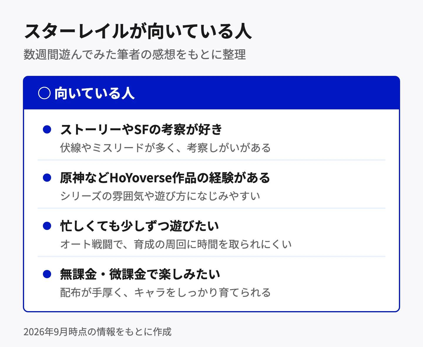 スターレイルが向いている人。ストーリーやSFの考察が好きな人(伏線やミスリードが多く考察しがいがある)、原神などHoYoverse作品の経験がある人(雰囲気や遊び方になじみやすい)、忙しくても少しずつ遊びたい人(オート戦闘で周回に時間を取られにくい)、無課金・微課金で楽しみたい人(配布が手厚くキャラを育てられる)。