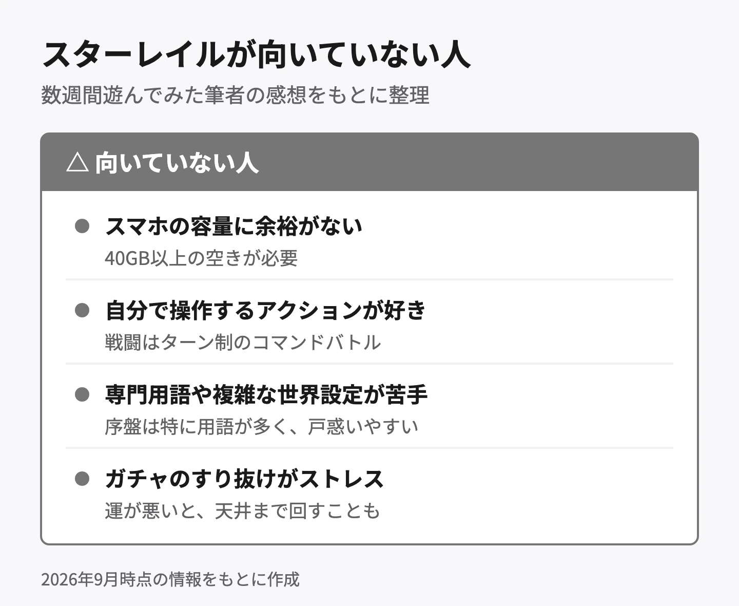 スターレイルが向いていない人。スマホの容量に余裕がない人(40GB以上の空きが必要)、自分で操作するアクションが好きな人(戦闘はターン制のコマンドバトル)、専門用語や複雑な世界設定が苦手な人(序盤は特に用語が多い)、ガチャのすり抜けがストレスな人(運が悪いと天井まで回すことも)。